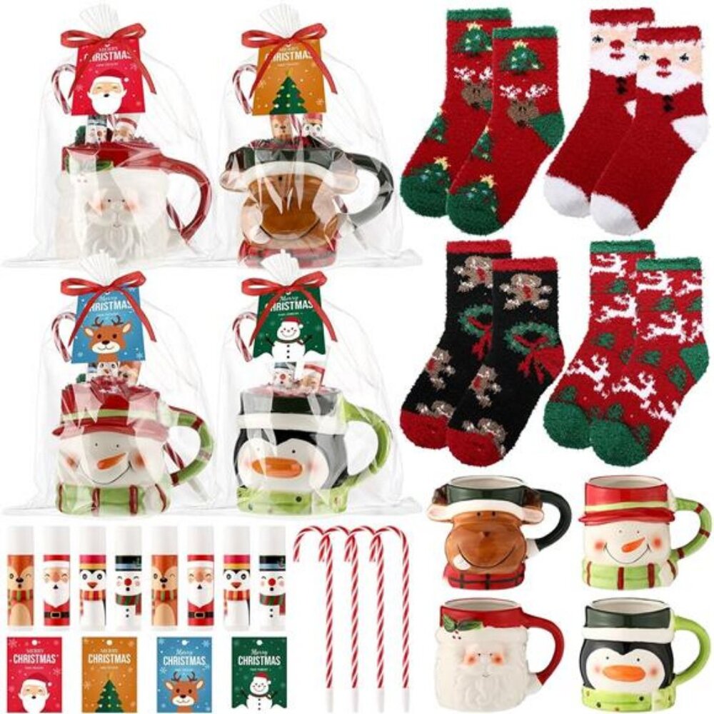 4 Set Christmas Gifts for Women Gifts Basket with Ceramic Mugs Socks Lip‎ Balms